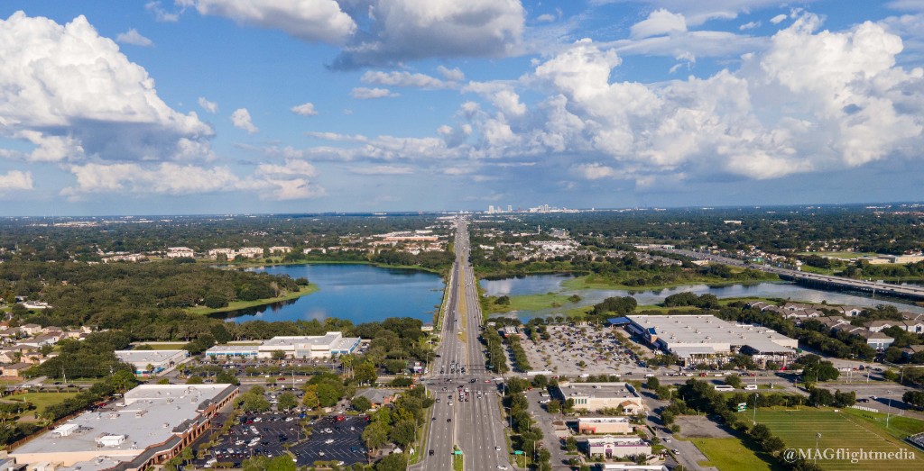 Aerial view of Ocoee Florida along State Road 50 with lakes and neighborhoods